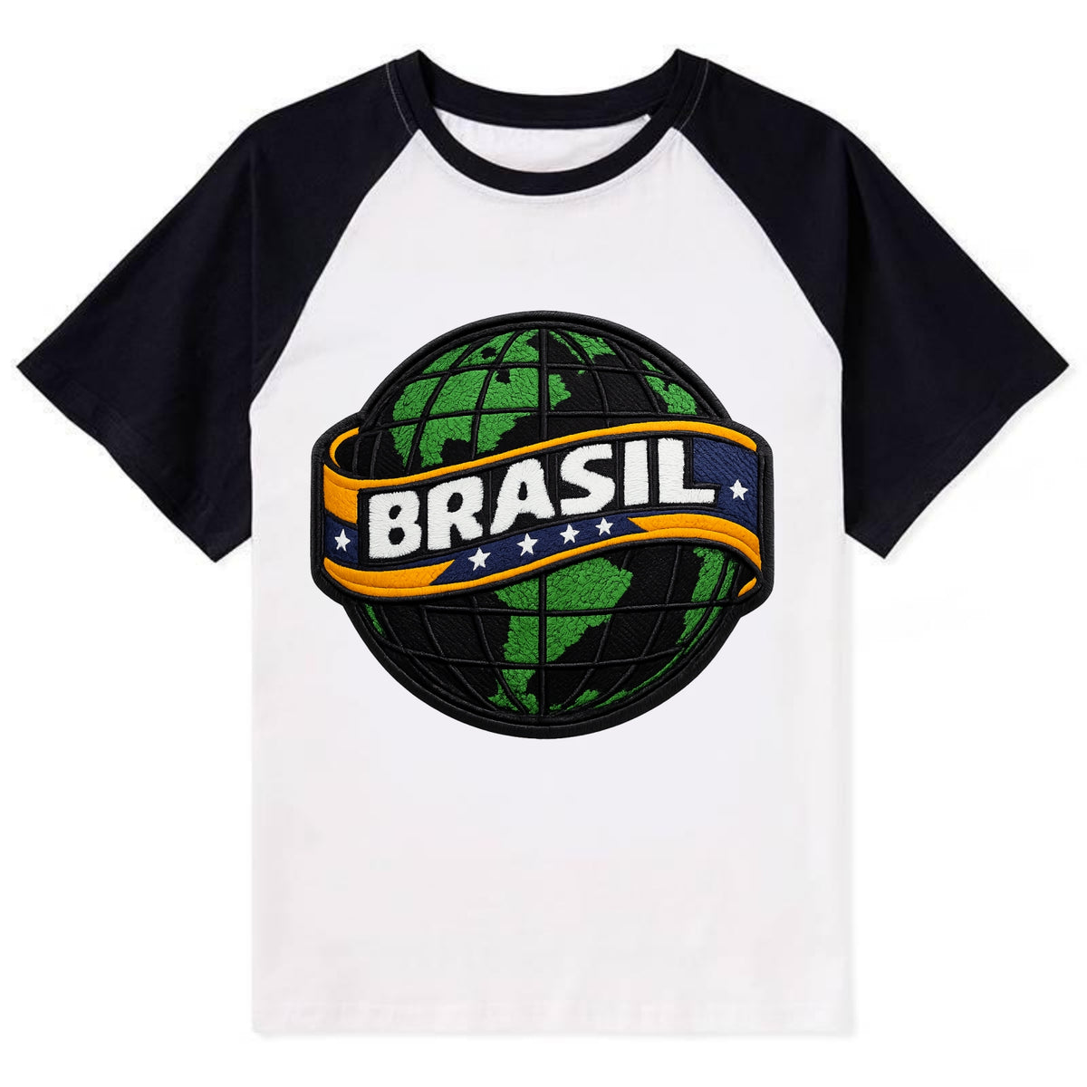 BRAZILIAN FLAG GLOBE - green globe with banner in green yellow blue , - Contrast Raglan T-shirt - Black