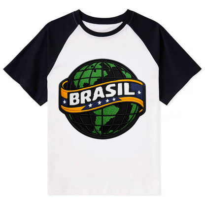 BRAZILIAN FLAG GLOBE - green globe with banner in green yellow blue , - Contrast Raglan T-shirt - Black
