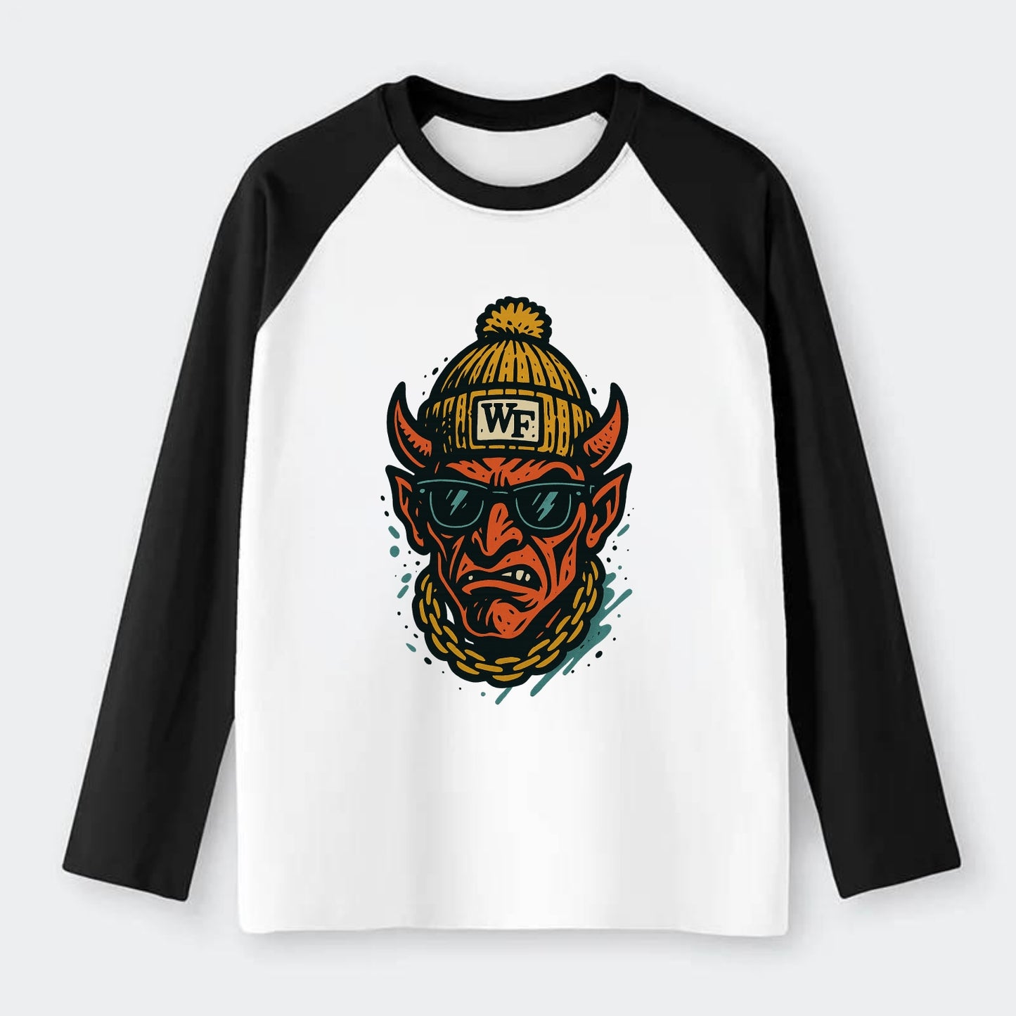 Winston-Salem Demon wearing Wake Forest beanie with WF patch - Raglan Long Sleeve T-Shirt - Black