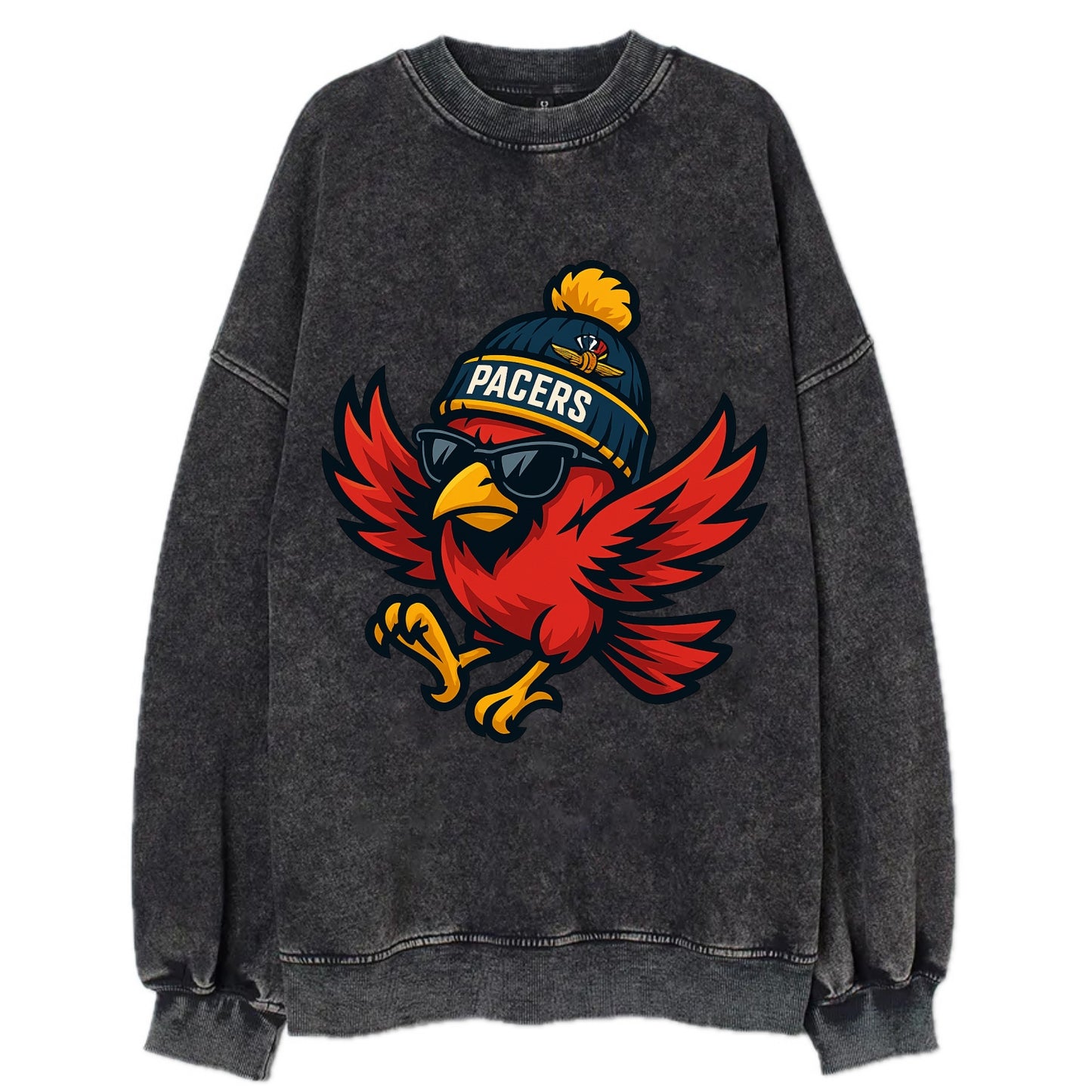 Indiana Cardinal wearing Pacers beanie with speedway patch and wayfarer - Vintage Sweatshirt - Black