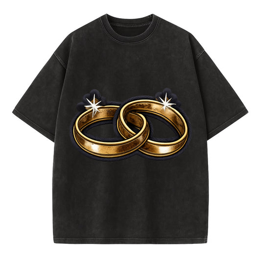 WEDDING RINGS - interlocked bands in gold , marriage - Vintage T-shirt - Black