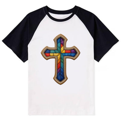 Stained Glass Cross  - Contrast Raglan T-shirt - Black