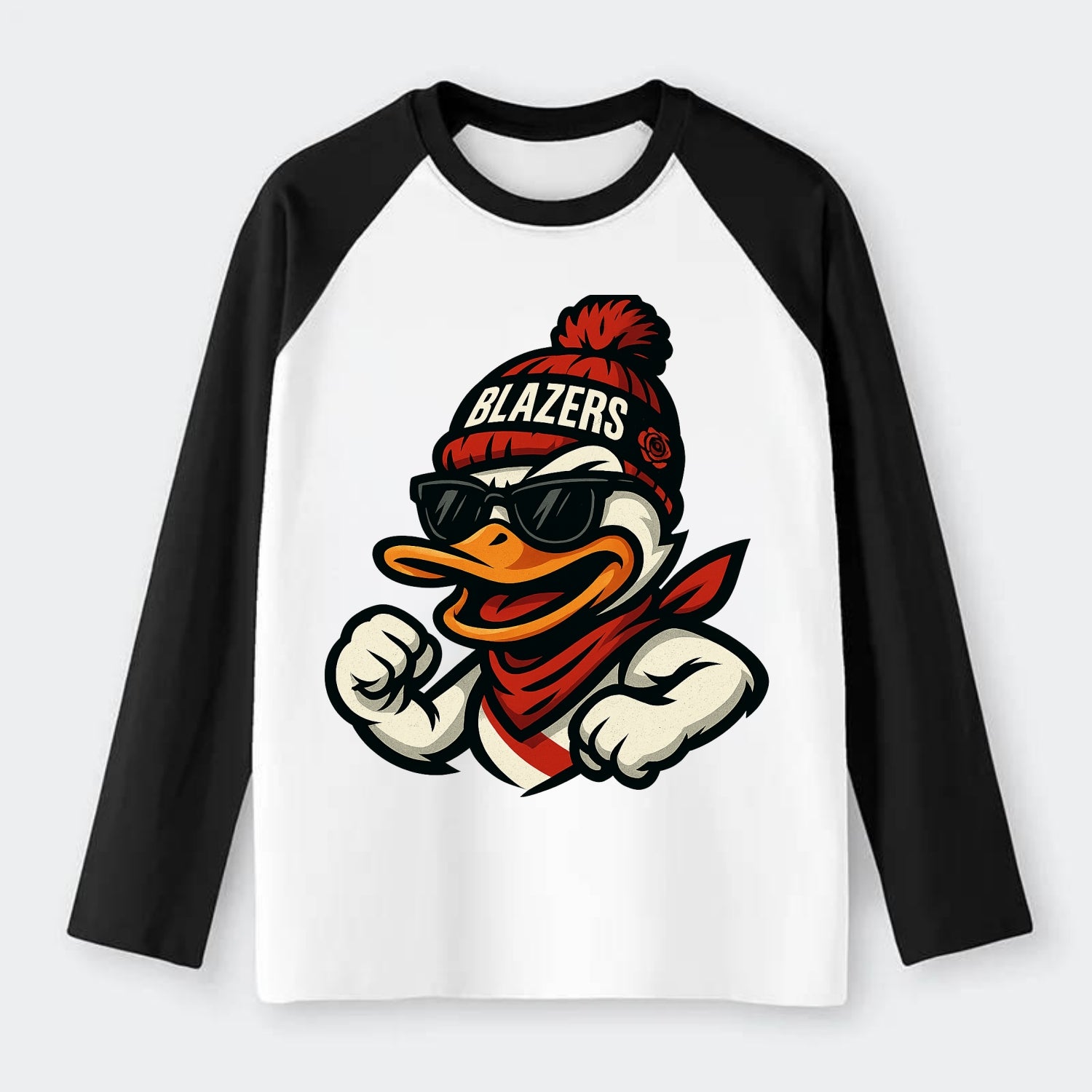 Oregon Duck wearing Trail Blazers beanie with rose patch and wayfarer - Raglan Long Sleeve T-Shirt - Black