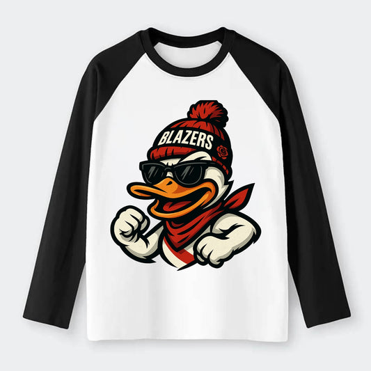 Oregon Duck wearing Trail Blazers beanie with rose patch and wayfarer - Raglan Long Sleeve T-Shirt - Black