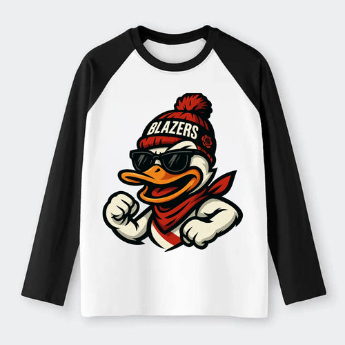 Oregon Duck wearing Trail Blazers beanie with rose patch and wayfarer - Raglan Long Sleeve T-Shirt