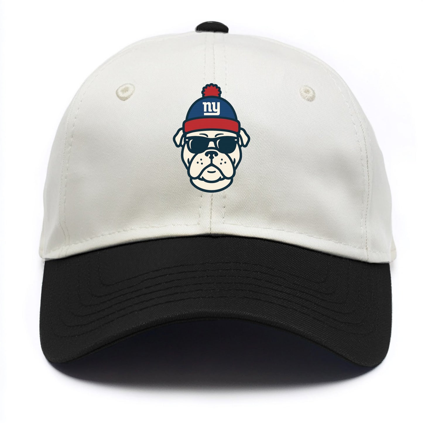 New York Bulldog wearing Giants blue and red beanie with pom pom and wayfarer - Two Tone Cap - Black