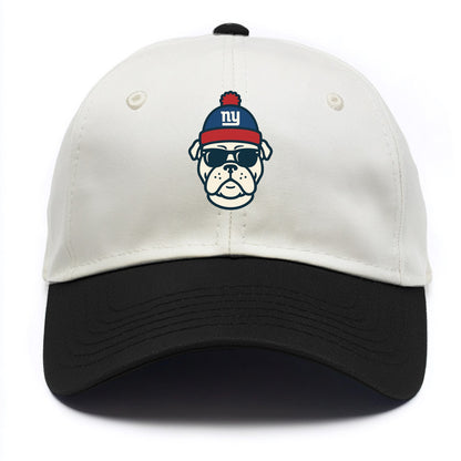 New York Bulldog wearing Giants blue and red beanie with pom pom and wayfarer - Two Tone Cap - Black