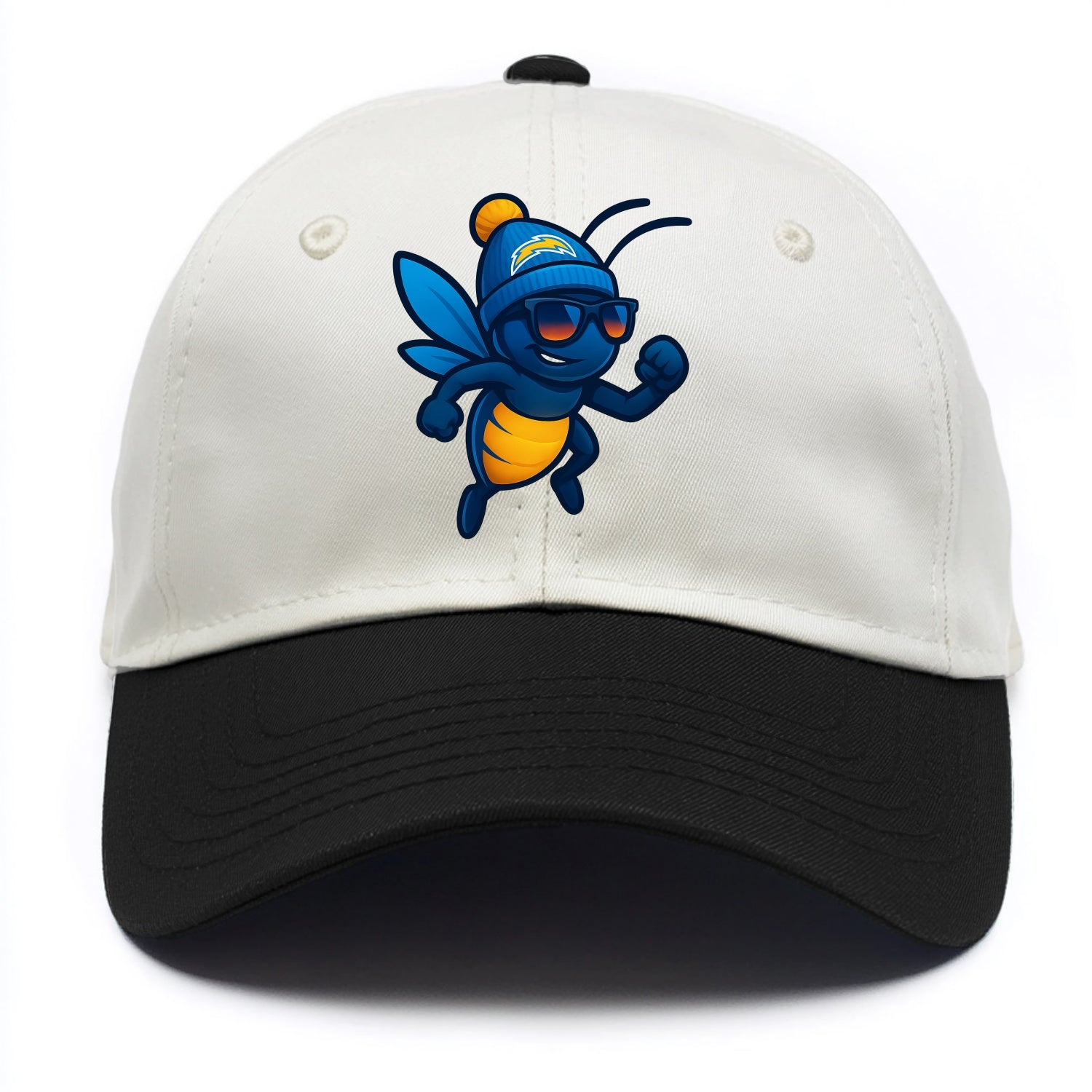 LA Lightning Bug wearing Chargers powder blue and gold beanie with pom pom and - Two Tone Cap - Black