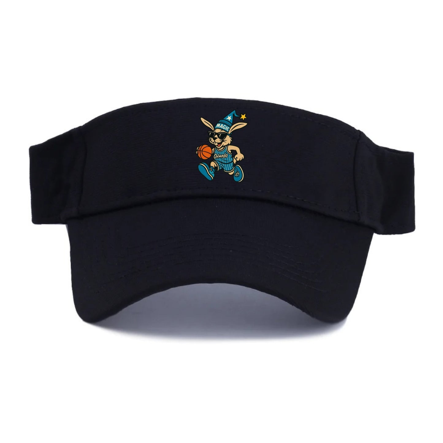 Orlando Rabbit wearing Magic blue and silver beanie with wizard hat and wayfarer sunglasses - Visor - Black