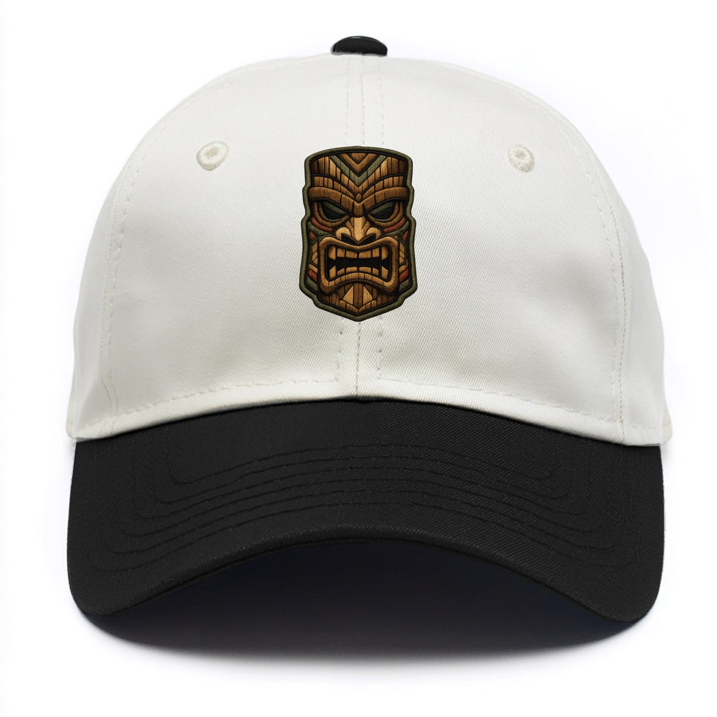 TIKI MASK - carved totem in brown and red , Polynesian - Two Tone Cap - Black
