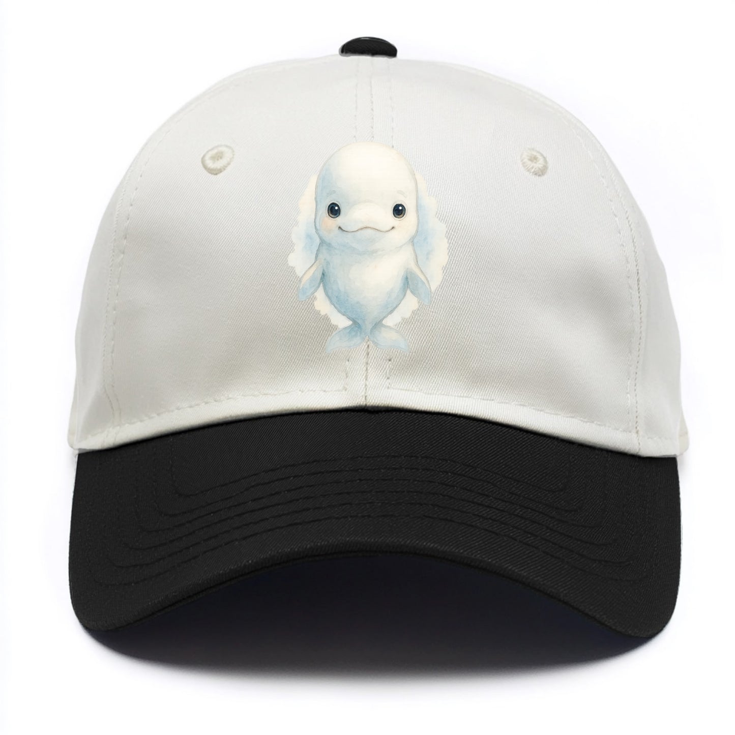 Baby Beluga Whale - pure white, rounded forehead, small eyes with big personality, - Two Tone Cap - Black