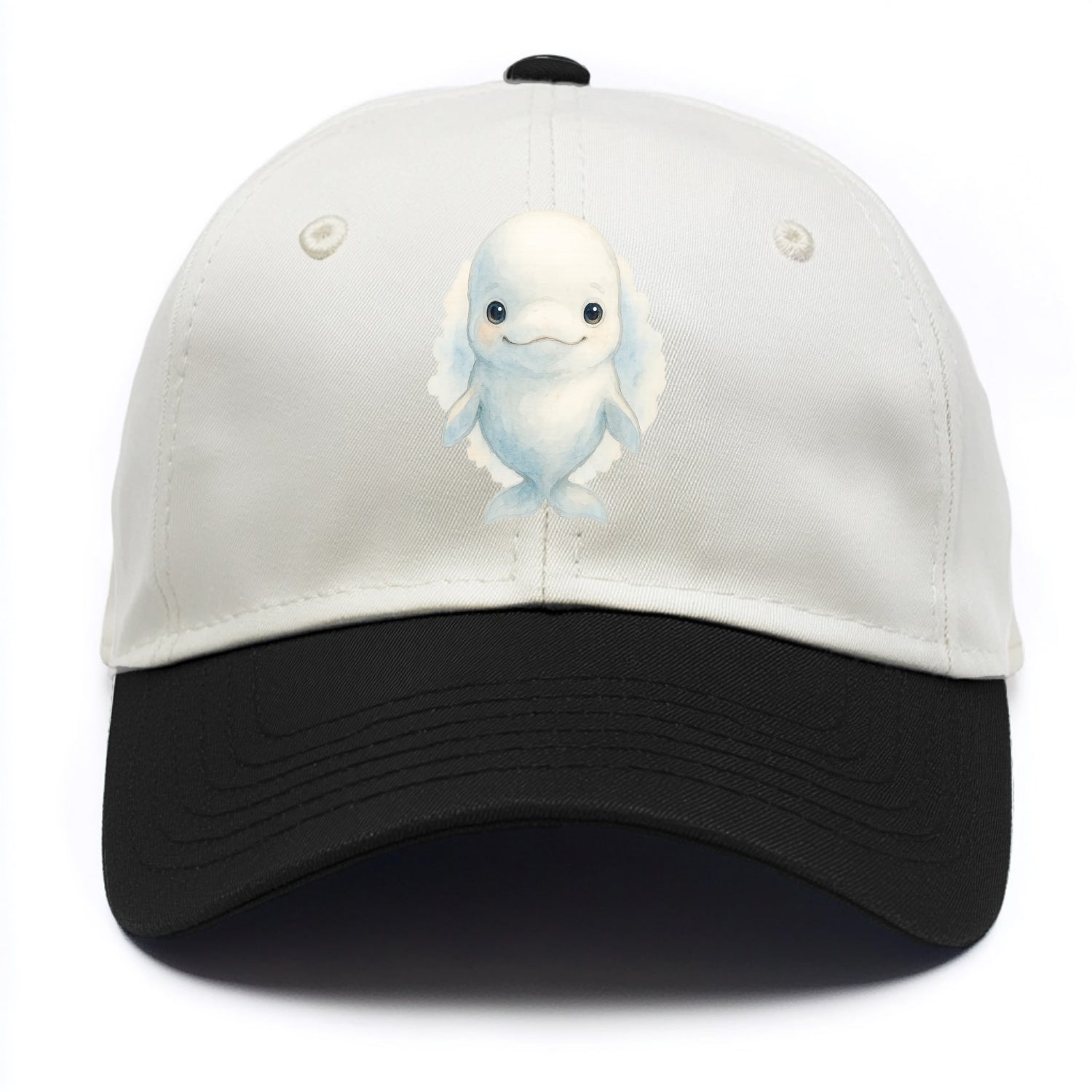 Baby Beluga Whale - pure white, rounded forehead, small eyes with big personality, - Two Tone Cap - Black