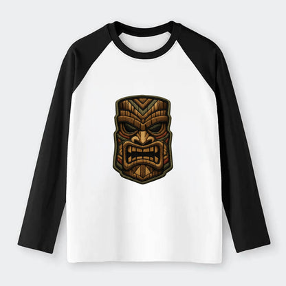 TIKI MASK - carved totem in brown and red , Polynesian - Raglan Long Sleeve T-Shirt - Black
