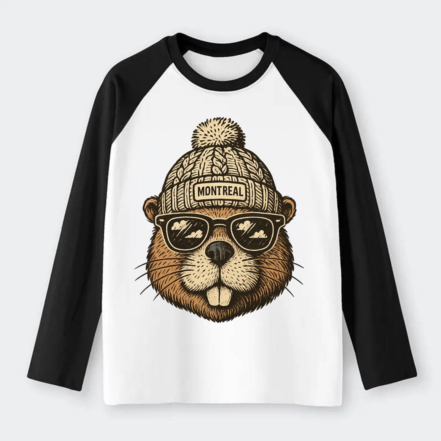 Montreal Beaver wearing Montreal beanie - Raglan Long Sleeve T-Shirt - Black