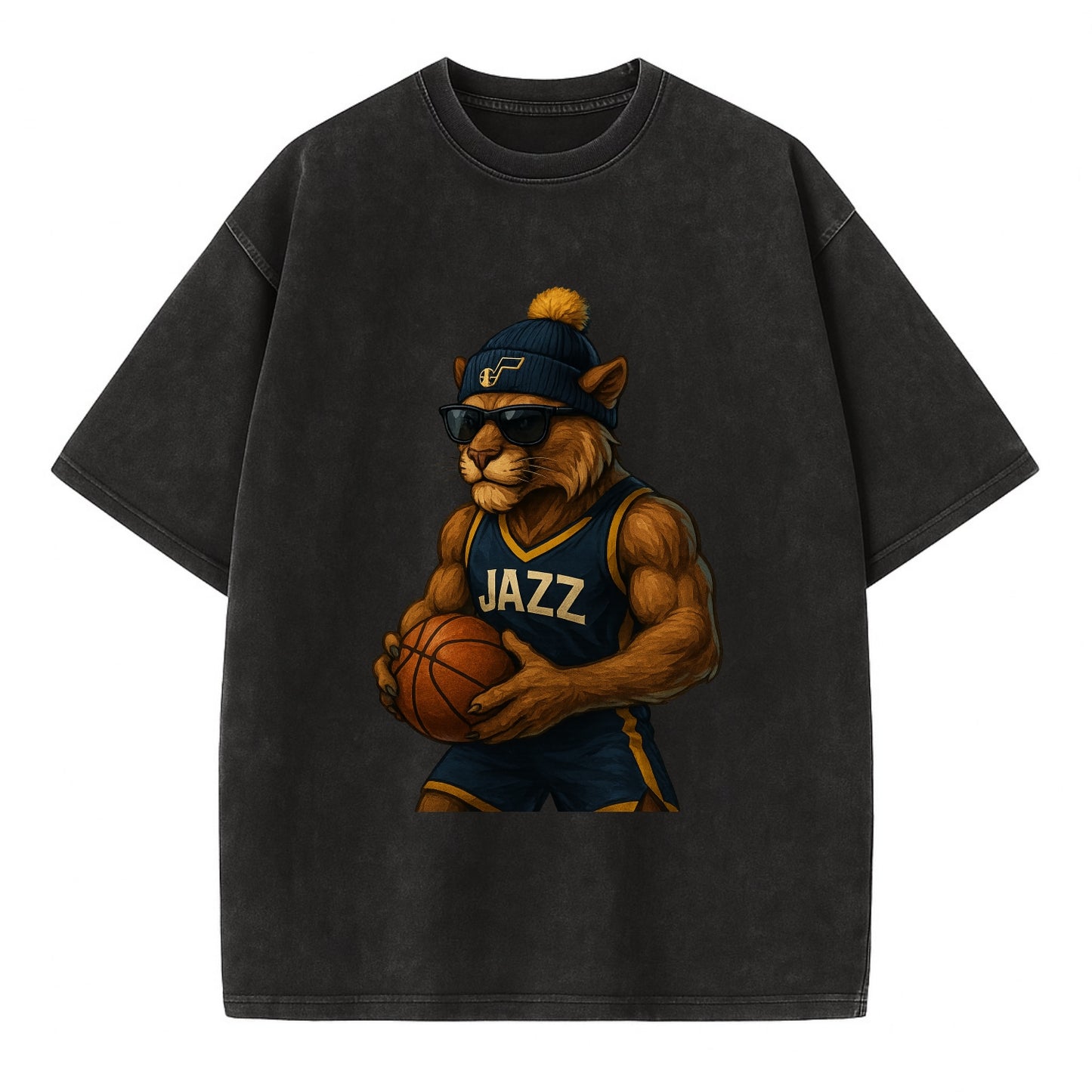 Utah Mountain Lion wearing Jazz navy and yellow beanie with music note and - Vintage T-shirt - Black
