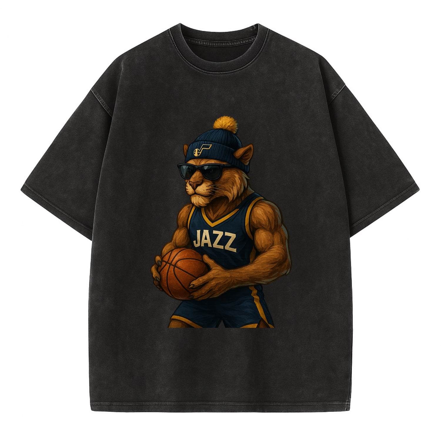 Utah Mountain Lion wearing Jazz navy and yellow beanie with music note and - Vintage T-shirt - Black