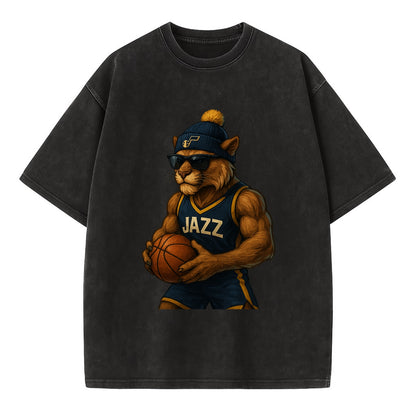 Utah Mountain Lion wearing Jazz navy and yellow beanie with music note and - Vintage T-shirt - Black