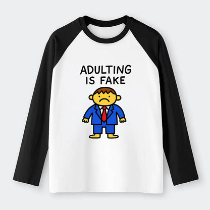 ADULTING IS FAKE | Child in suit pretending - Raglan Long Sleeve T-Shirt - Black