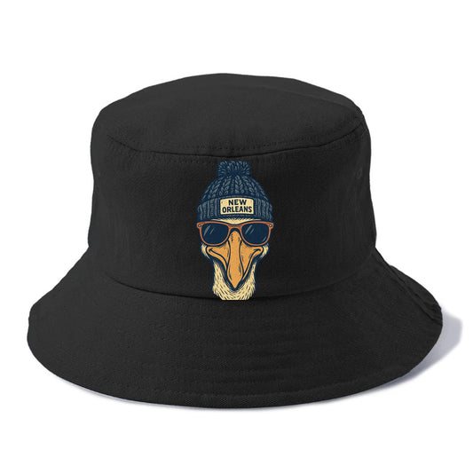 New Orleans Pelican wearing New Orleans beanie with pom pom and wayfarer sunglasses - Bucket Hat - Black
