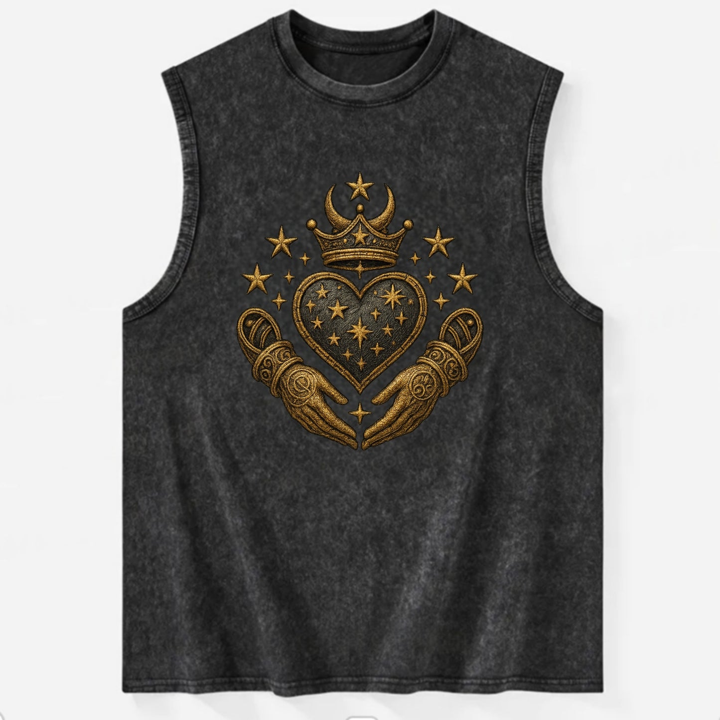Weathered antique brass crown above a hammered gunmetal heart framed by - Vintage Washed Tank - Black