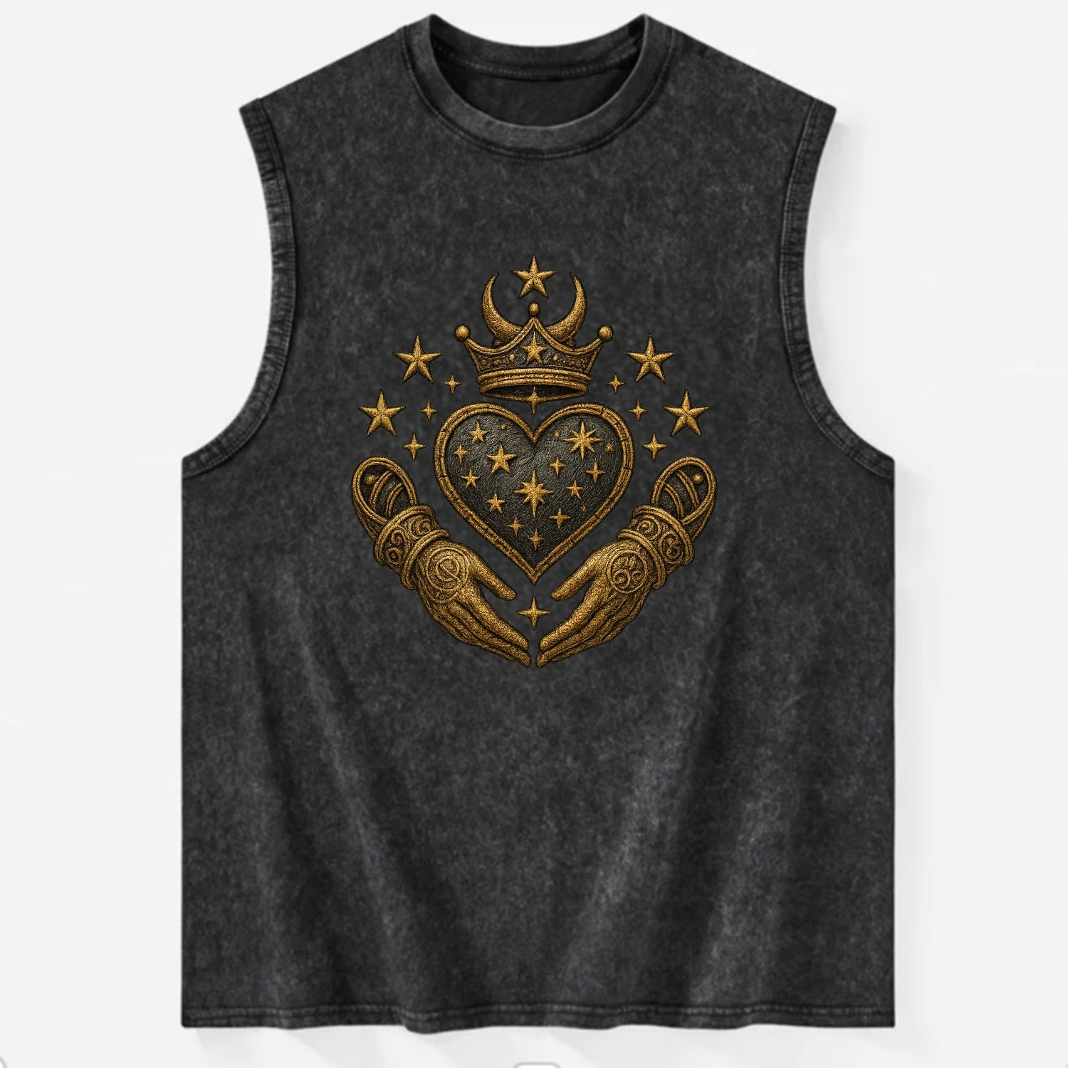Weathered antique brass crown above a hammered gunmetal heart framed by - Vintage Washed Tank - Black