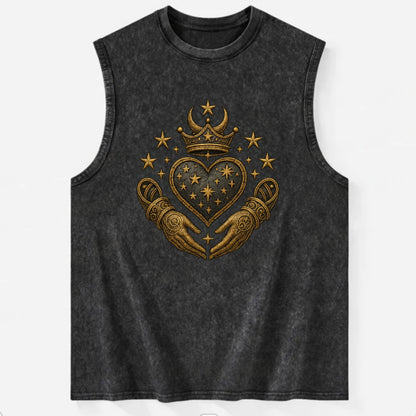 Weathered antique brass crown above a hammered gunmetal heart framed by - Vintage Washed Tank - Black