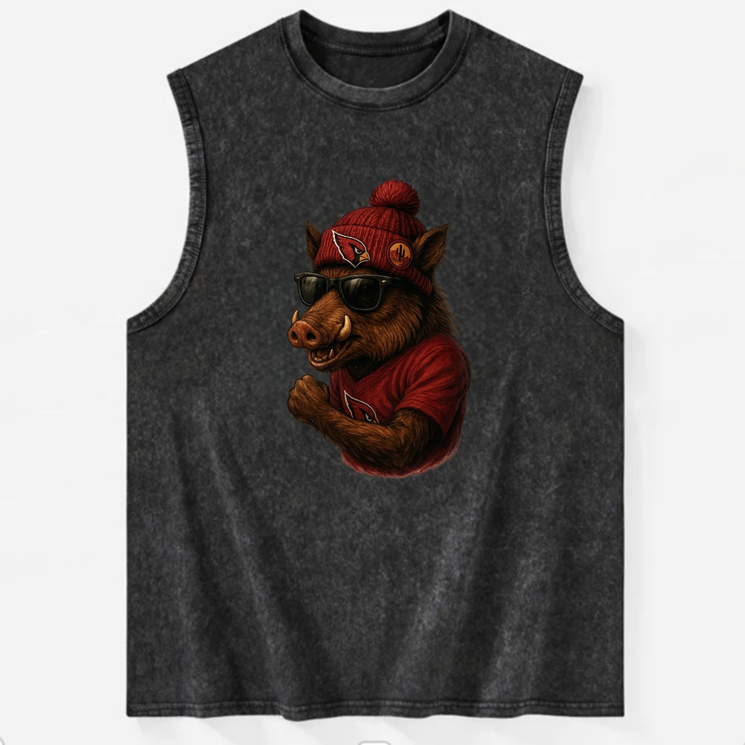 Arizona Javelina wearing Cardinals beanie with desert patch and wayfarer - Vintage Washed Tank - Black
