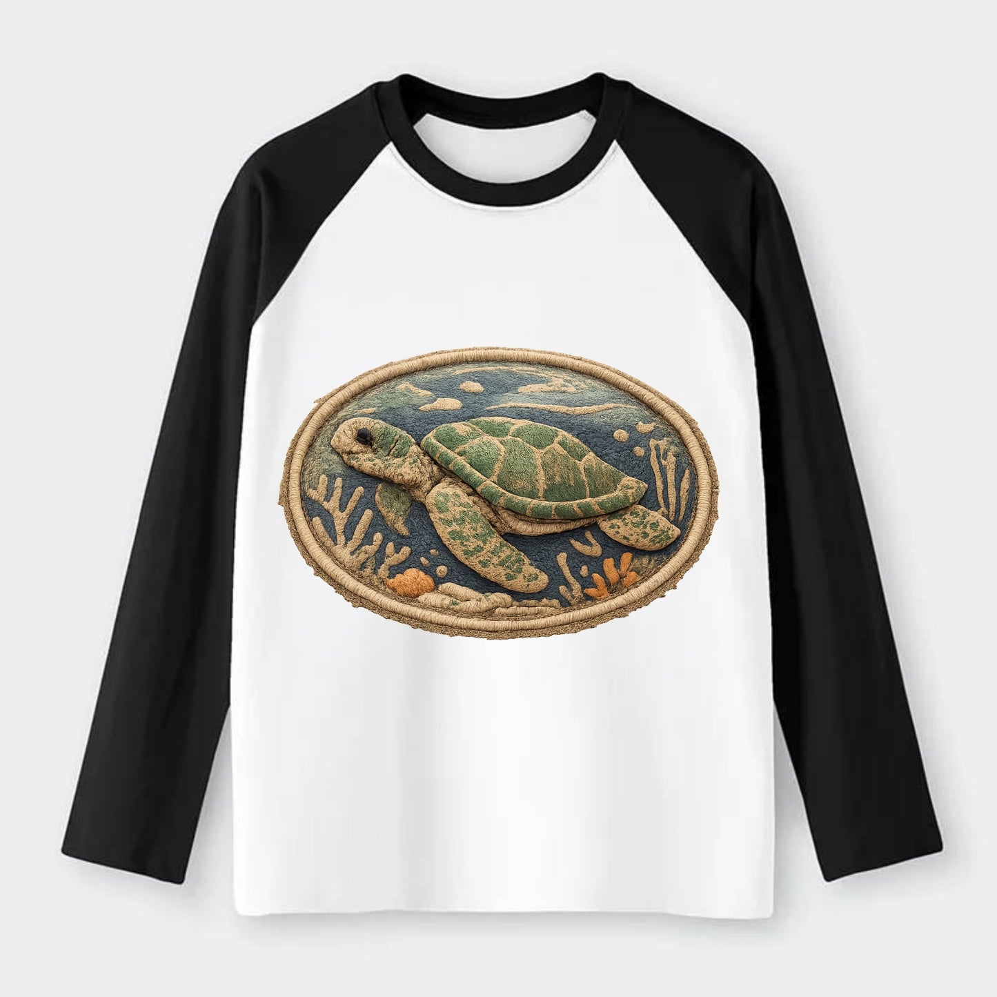 SEA TURTLE - swimming turtle in green and blue , ocean life - Raglan Long Sleeve T-Shirt - Black