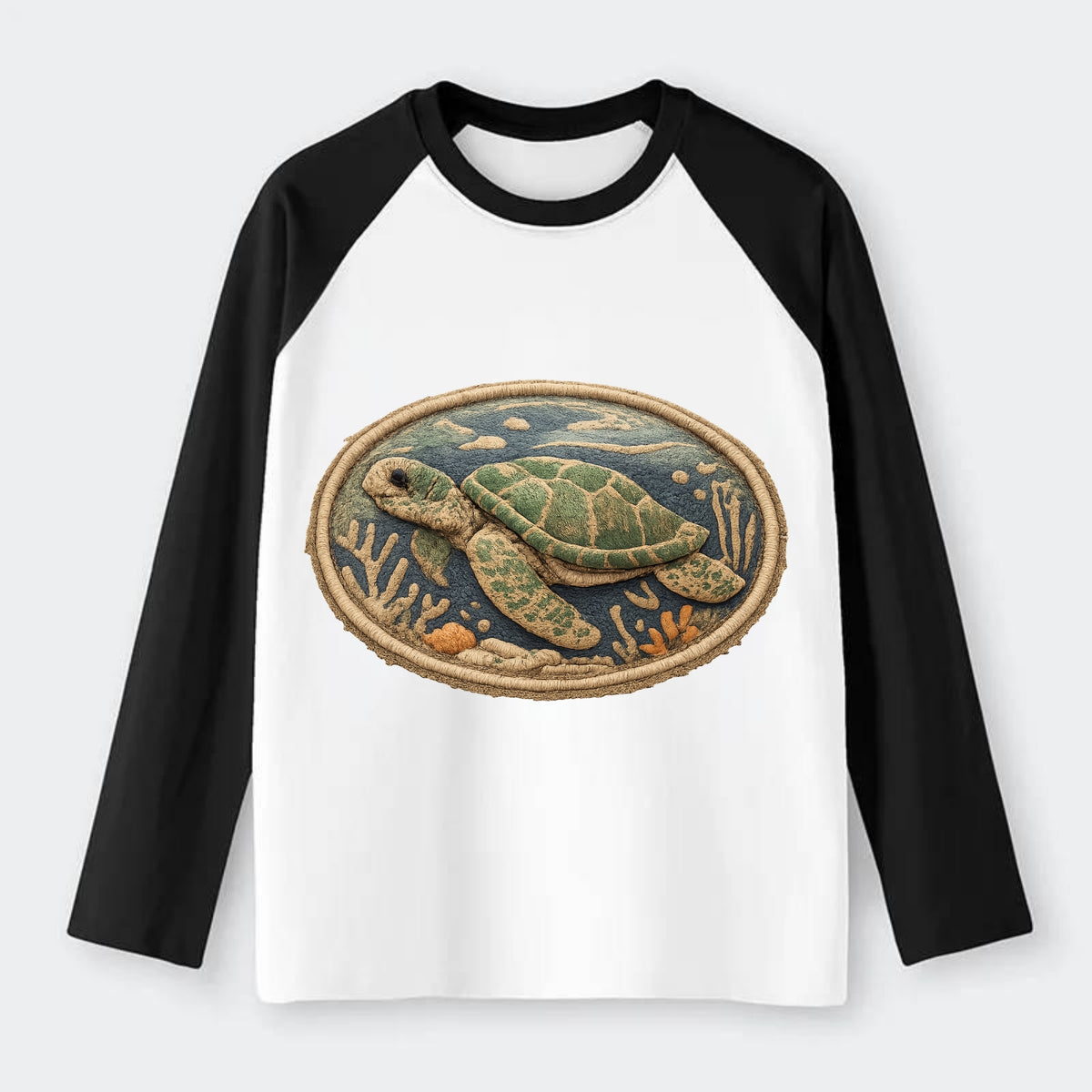 SEA TURTLE - swimming turtle in green and blue , ocean life - Raglan Long Sleeve T-Shirt - Black