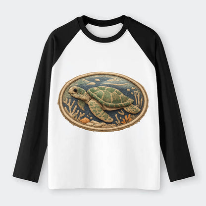 SEA TURTLE - swimming turtle in green and blue , ocean life - Raglan Long Sleeve T-Shirt - Black