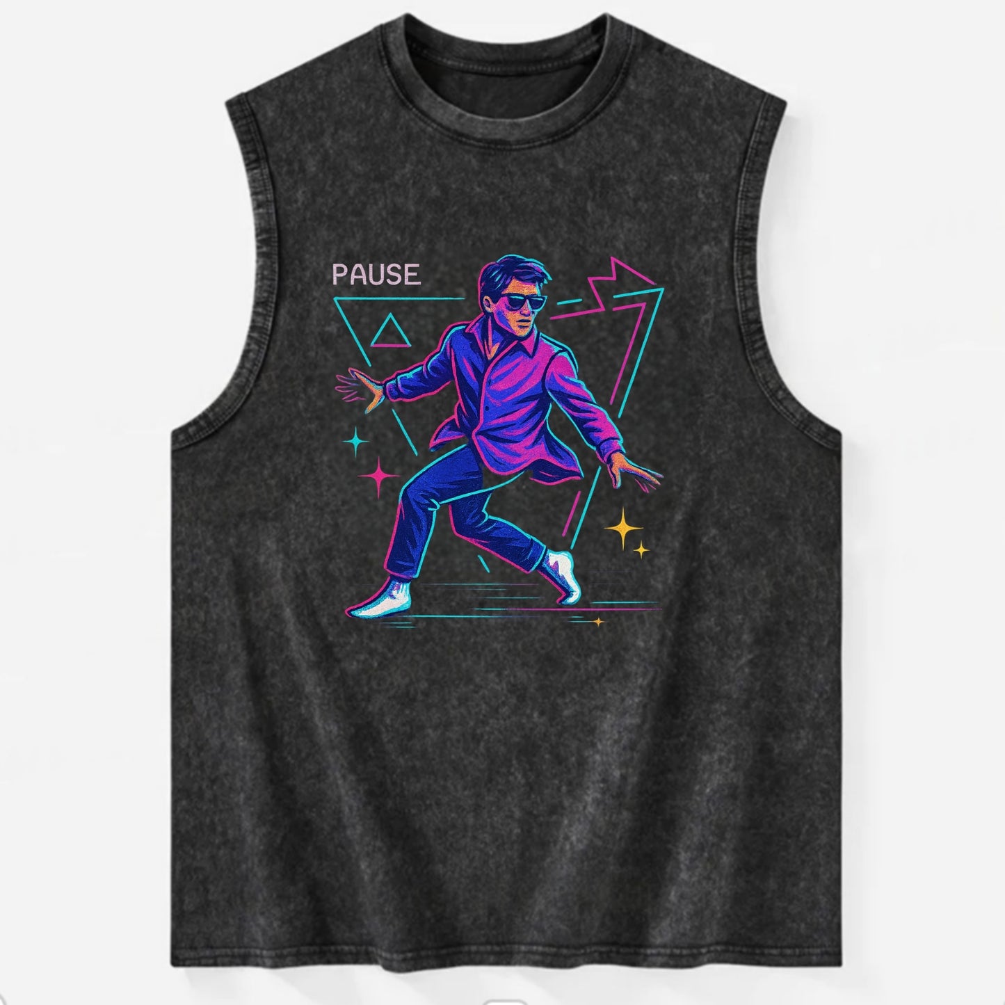 confident figure sliding across polished wooden floor in socks and sunglasses - Vintage Washed Tank - Black