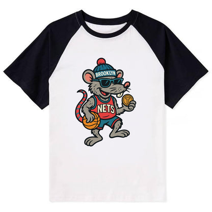 Brooklyn Rat wearing Nets beanie with subway token and wayfarer sunglasses - Contrast Raglan T-shirt - Black