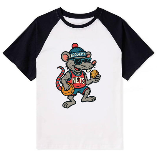 Brooklyn Rat wearing Nets beanie with subway token and wayfarer sunglasses - Contrast Raglan T-shirt - Black