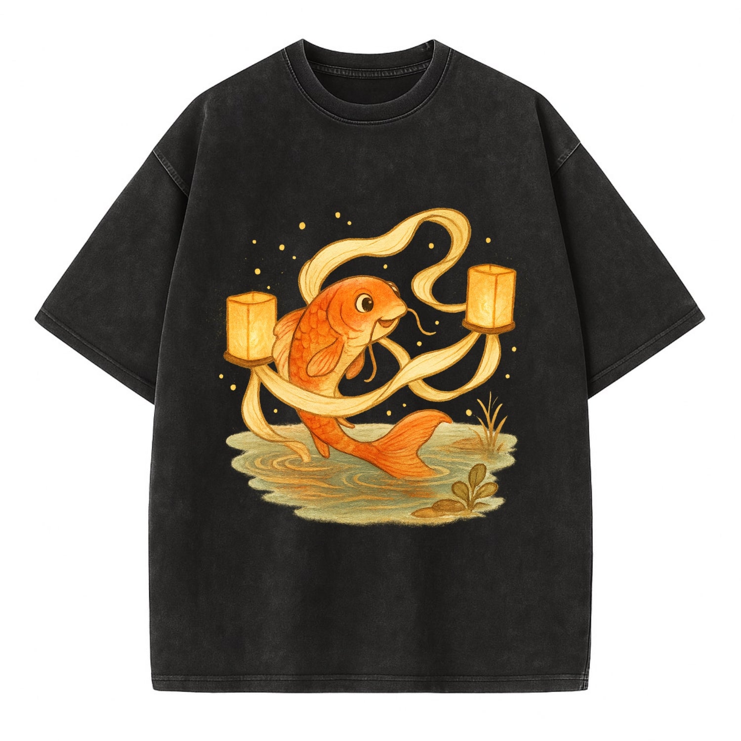 Koi weaving silk streamers through floating lanterns on tranquil water - Vintage T-shirt - Black