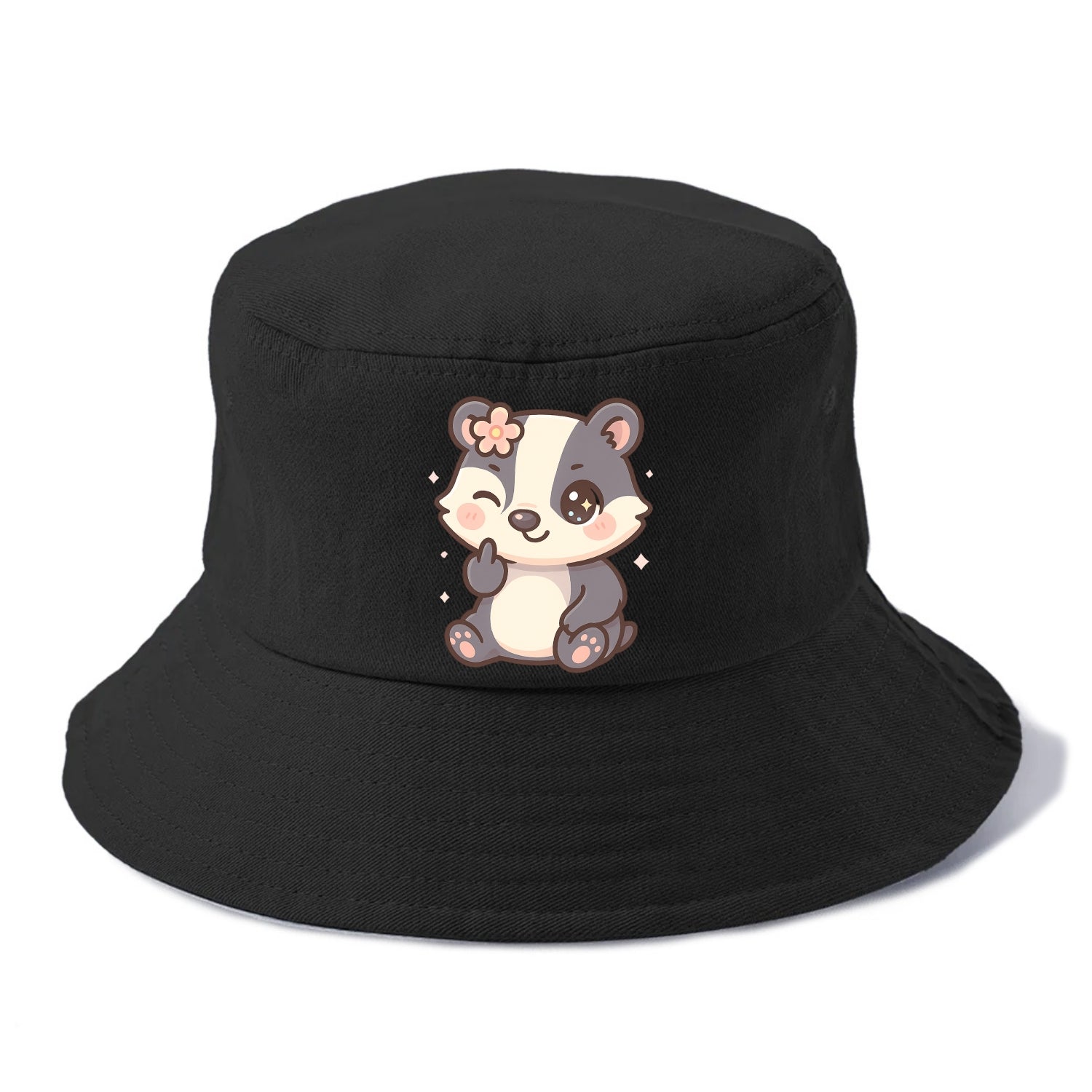 adorable badger with black and white stripes, one paw giving finger - Bucket Hat - Black