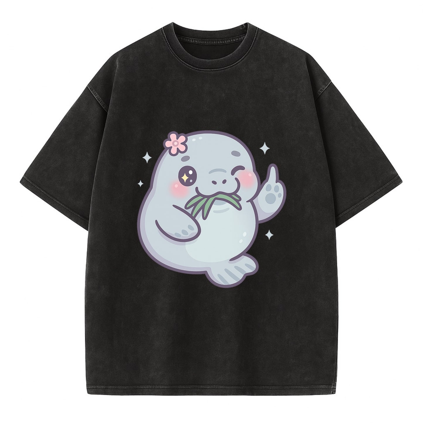 chubby manatee munching on seagrass, one flipper raised with sass - Vintage T-shirt - Black