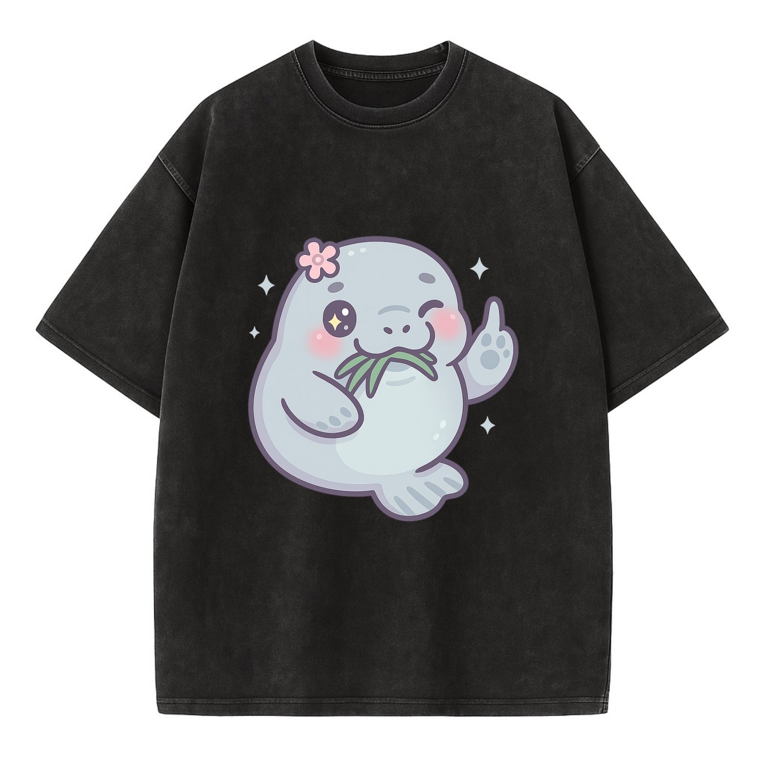 chubby manatee munching on seagrass, one flipper raised with sass - Vintage T-shirt - Black