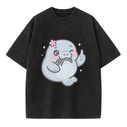 chubby manatee munching on seagrass, one flipper raised with sass - Vintage T-shirt - Black