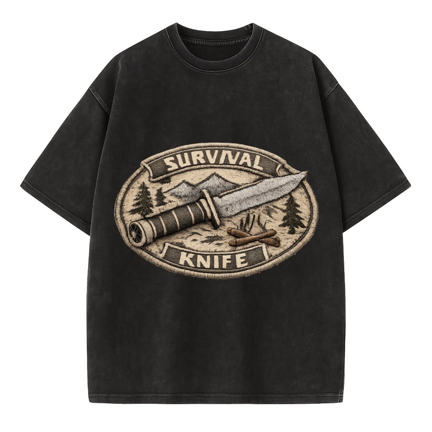 SURVIVAL KNIFE - fixed blade with compass in silver and black , bushcraft - Vintage T-shirt - Black
