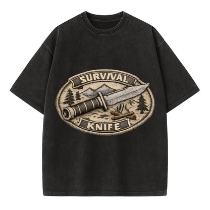 SURVIVAL KNIFE - fixed blade with compass in silver and black , bushcraft - Vintage T-shirt - Black