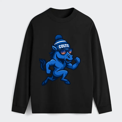 Indianapolis Colt Horse wearing Colts blue and white beanie with pom - Classic Long Sleeve Shirt - Black