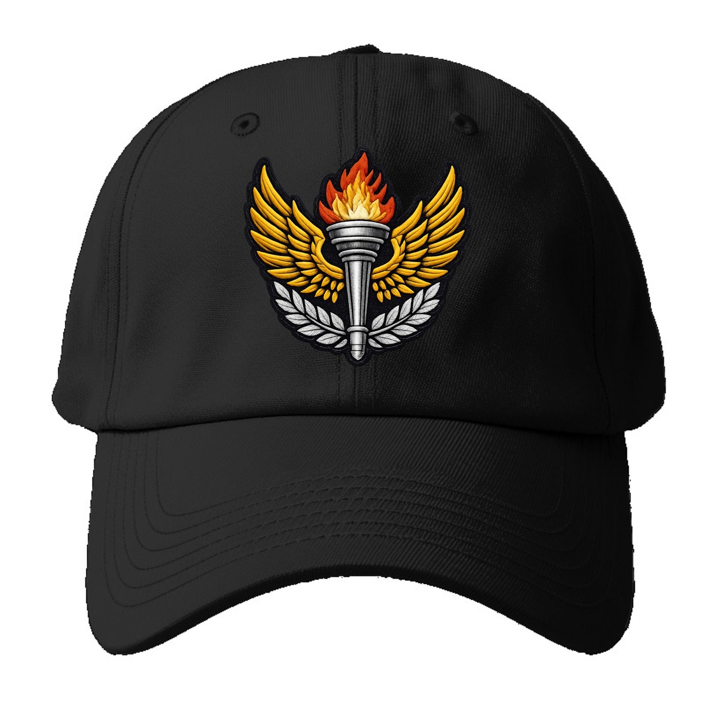 Embroidered patch design - TRACK AND FIELD TORCH - Olympic style torch with wings in - Baseball Cap - Black