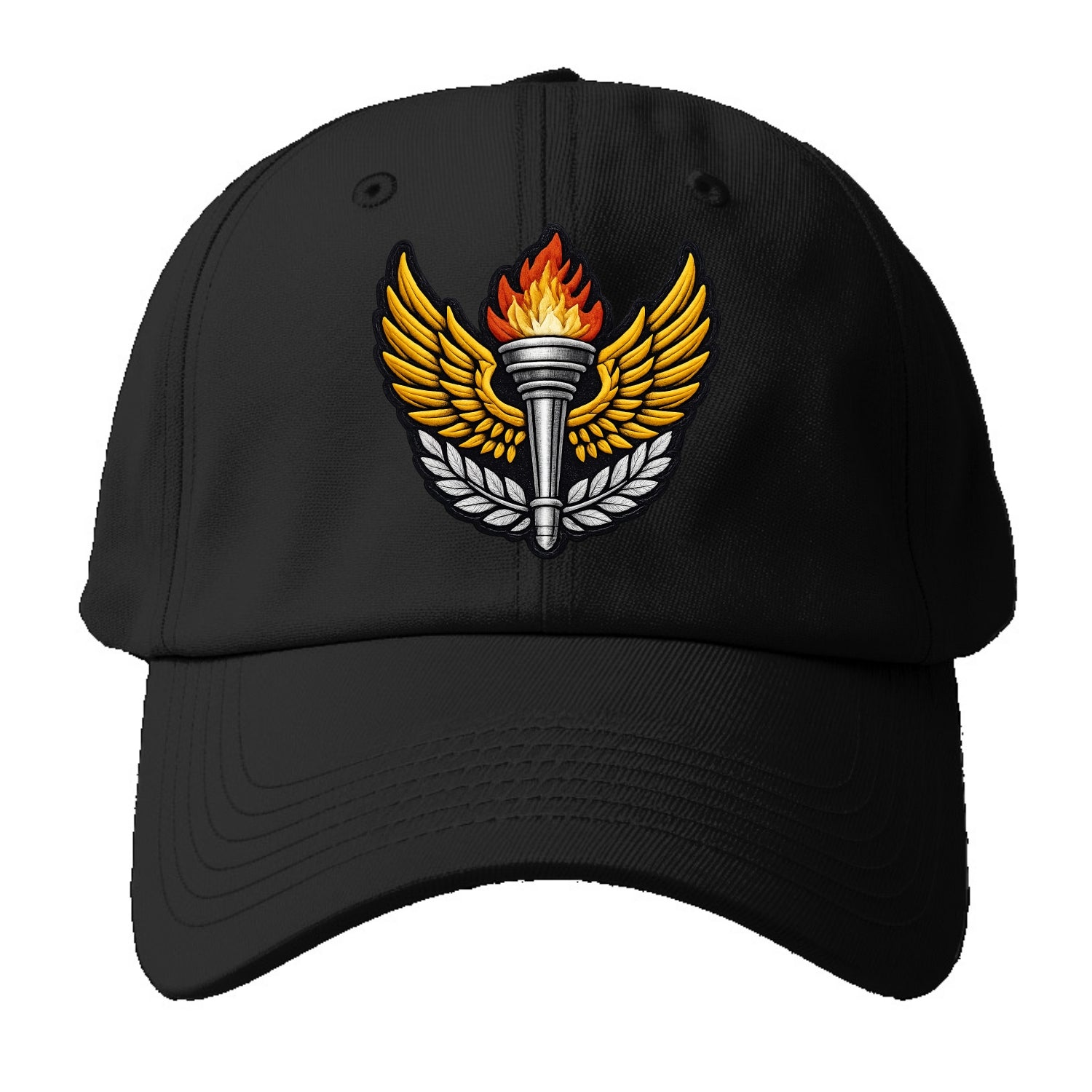 Embroidered patch design - TRACK AND FIELD TORCH - Olympic style torch with wings in - Baseball Cap - Black