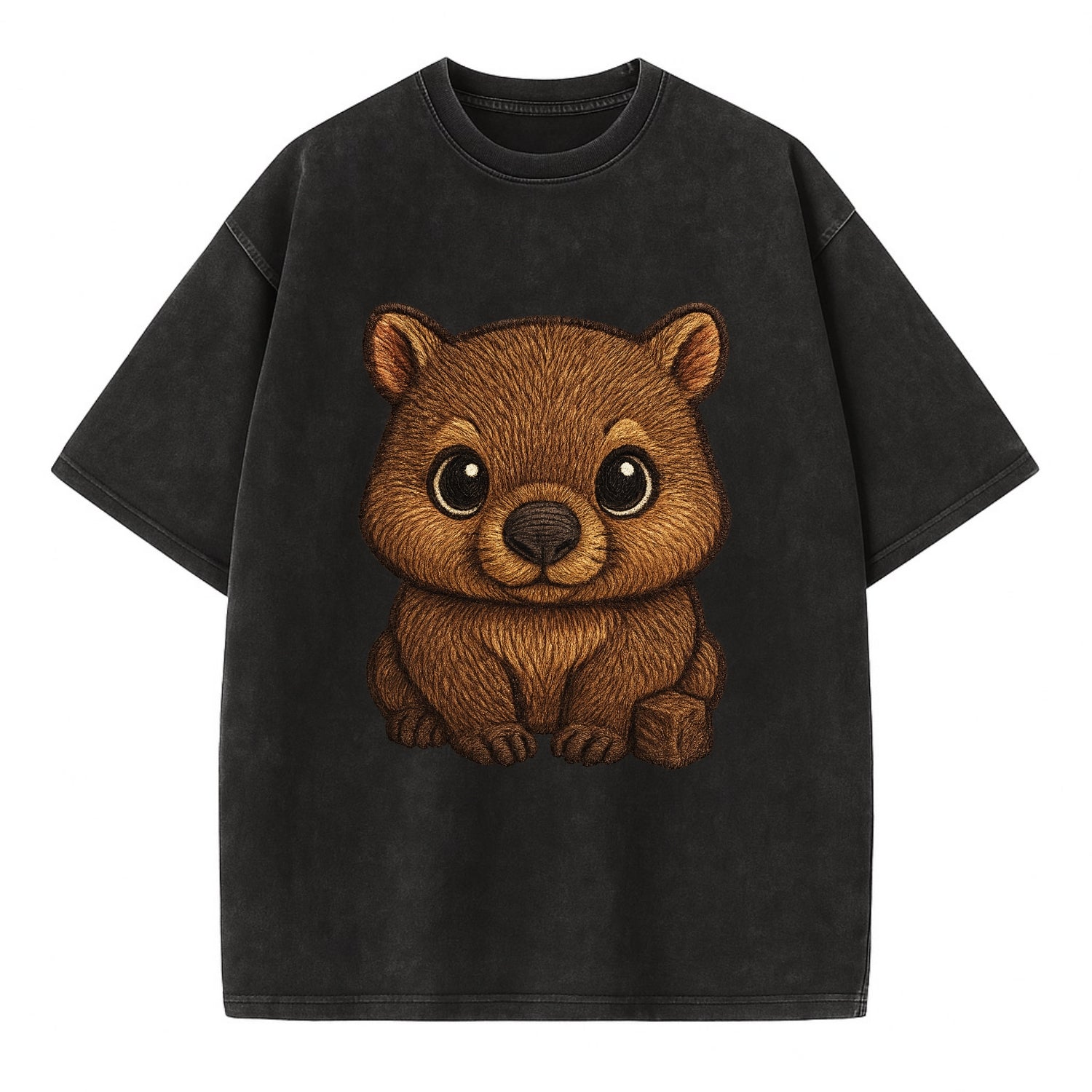 Baby Wombat - brown fur, square nose, small ears, dark eyes, front-facing, cube - Vintage T-shirt - Black