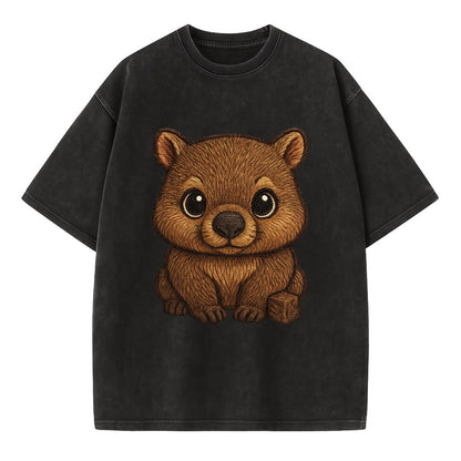 Baby Wombat - brown fur, square nose, small ears, dark eyes, front-facing, cube - Vintage T-shirt - Black