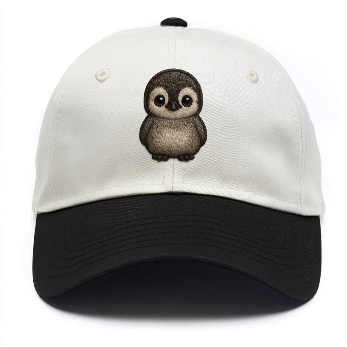 Baby Penguin Chick - gray fluffy, white face, round body, front-facing, tuxedo baby - Two Tone Cap - Black