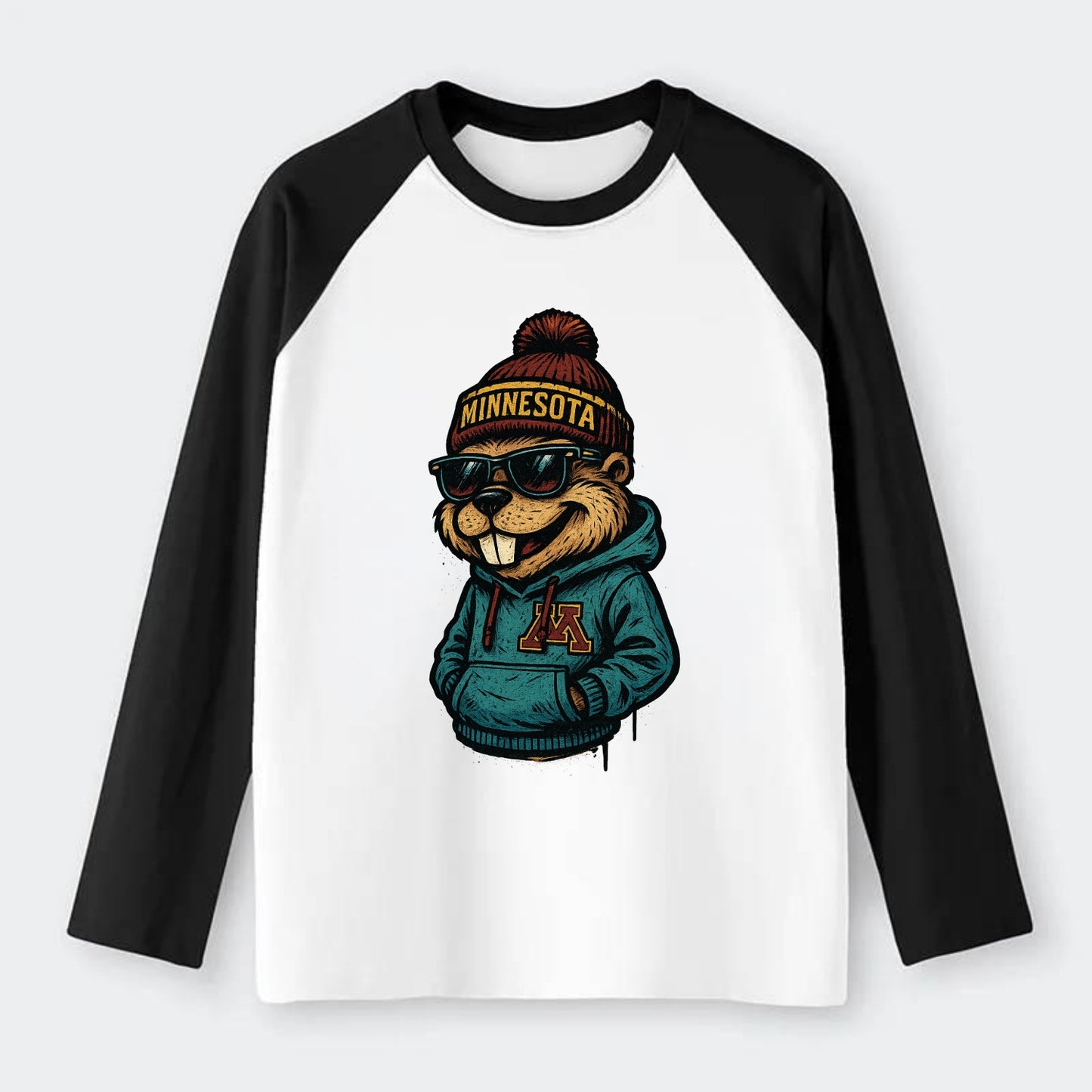 Minneapolis Gopher wearing Minnesota beanie with M patch - Raglan Long Sleeve T-Shirt - Black