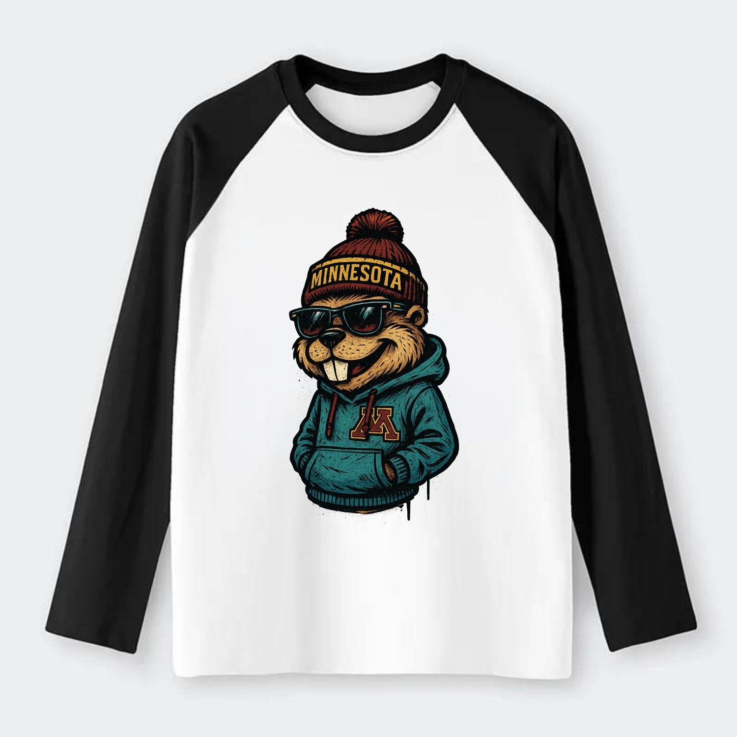 Minneapolis Gopher wearing Minnesota beanie with M patch - Raglan Long Sleeve T-Shirt - Black
