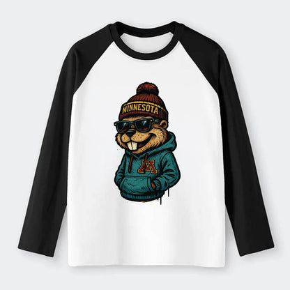 Minneapolis Gopher wearing Minnesota beanie with M patch - Raglan Long Sleeve T-Shirt - Black