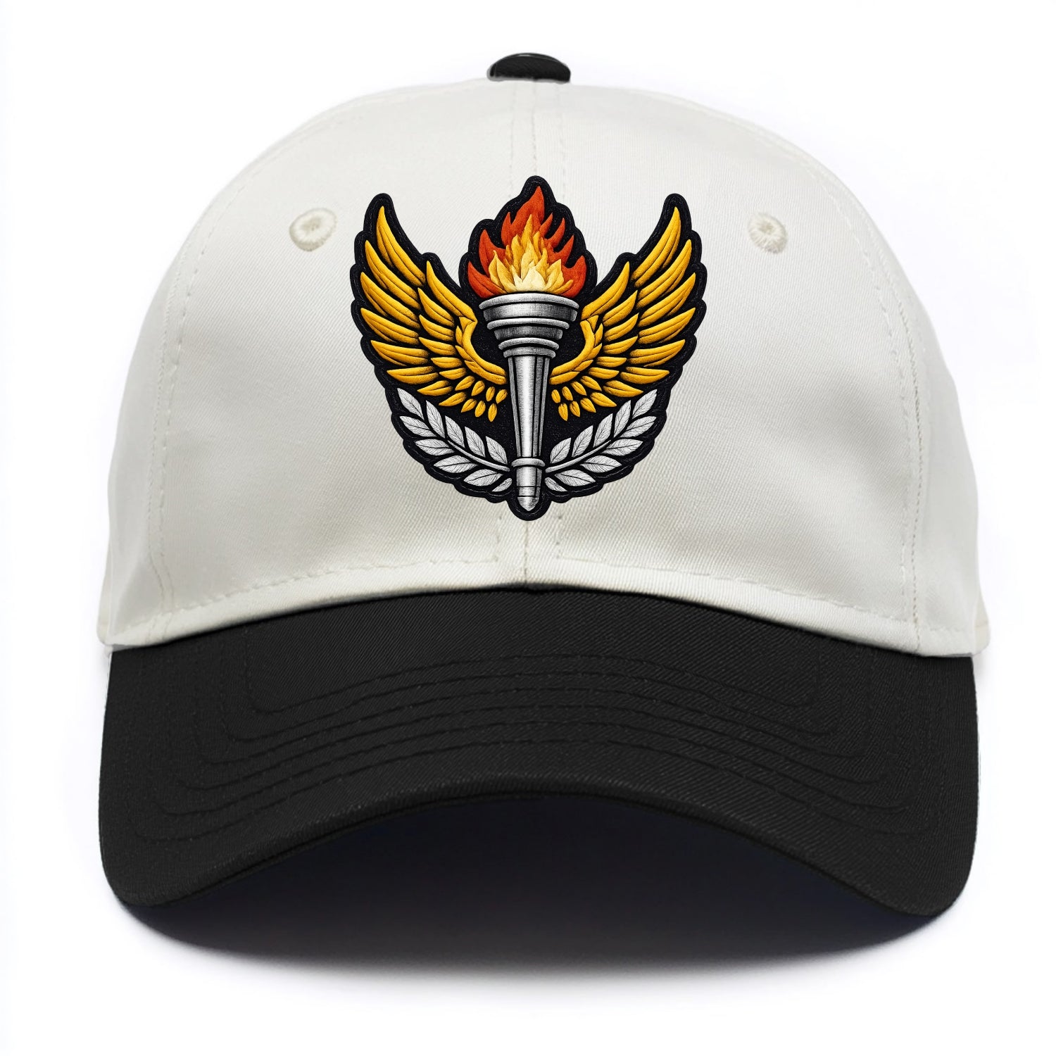 Embroidered patch design - TRACK AND FIELD TORCH - Olympic style torch with wings in - Two Tone Cap - Black